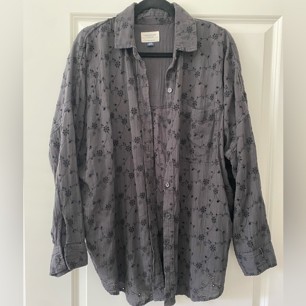 American Eagle Outfitters Dark Gray Embroidered Button-Up Shirt Jacket